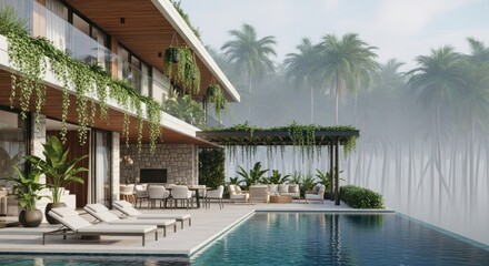 Fototapeta premium Modern luxury villa with pool and tropical foliage in a scenic environment