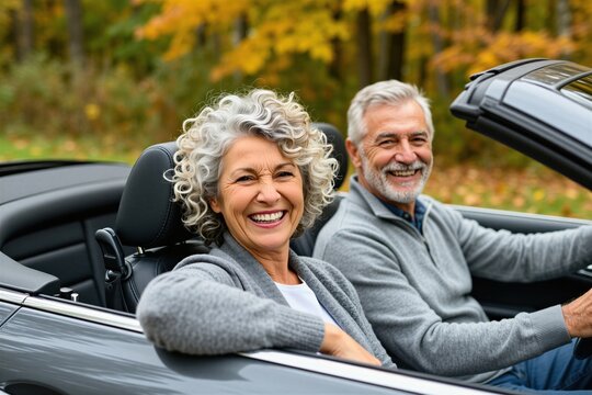Happy senior couple smiles sitting in luxury convertible car during autumn road trip. Caucasian husband, wife enjoy retirement lifestyle driving together on scenic forest route. Mature man, woman fun