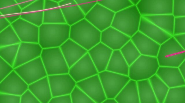Abstract green cellular pattern with glowing neon borders and pink lines for scientific background or modern wallpaper design