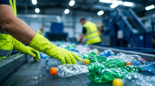 Factory worker wearing protective yellow gloves sorting empty plastic bottles on industrial conveyor belt for recycling and waste management