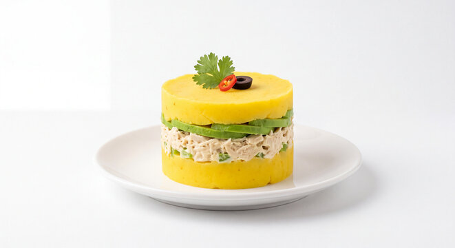 Causa Rellena Traditional Peruvian Layered Potato Cake with Chicken and Avocado