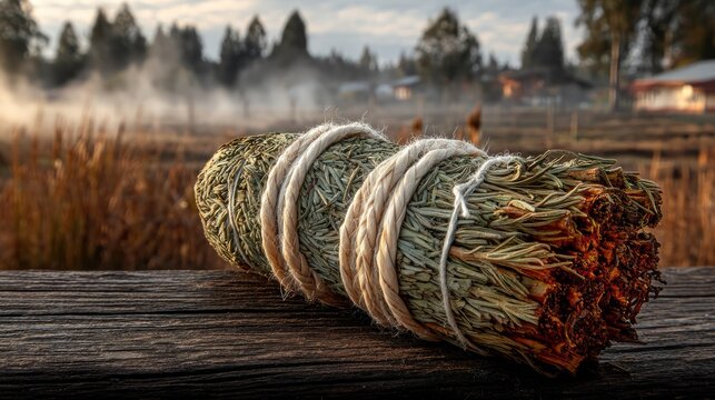 Handcrafted sage bundle tied with cord resting on rustic wooden surface outdoors