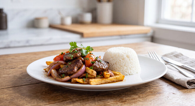 Lomo Saltado Traditional Peruvian Beef Stir Fry with Rice and French Fries
