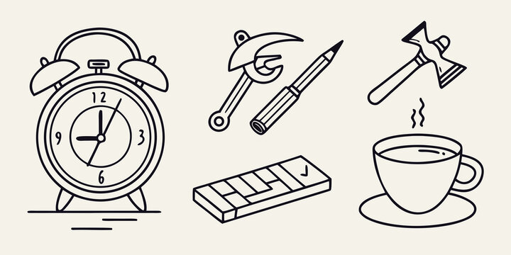 Minimalist of analog clock, pencil, books, and coffee cup on white background, wall clock