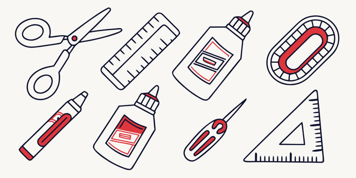Red-handled scissors, tape measure, pencil, ruler and drafting tools on white red handled scissors