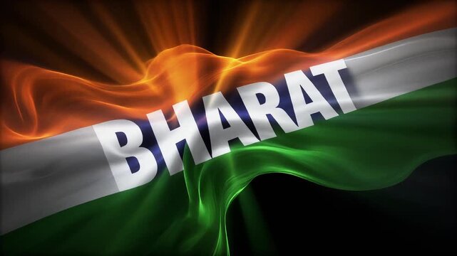 A Unique Cinematic text Bharat on black background with glowing lights Indian flag vibes orange, white, green using celebrations events