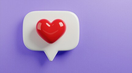 Fototapeta premium Red 3D heart icon inside white speech bubble on purple background. Romantic symbol for love, social media interaction. Digital chat message graphic represent positive feedback, human connection. Cute