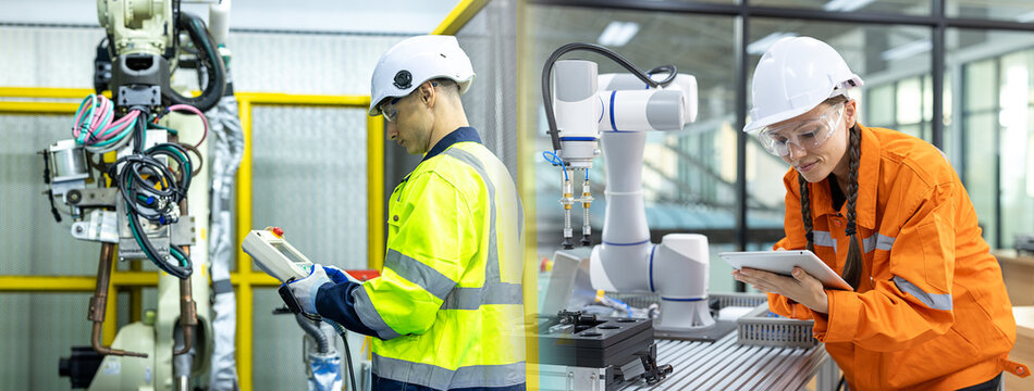 Professional robotics specialists operating mechanical arms using smart controllers. Industrial automation team setting up smart factory robotic equipment. 