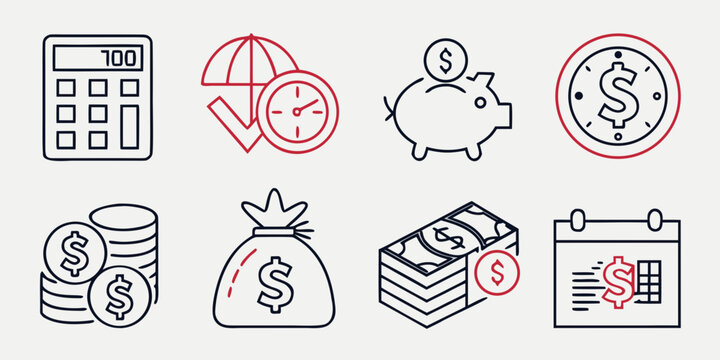 Line for qr code, money, piggy bank, cash, wallet, shopping bag, and coins line qr code