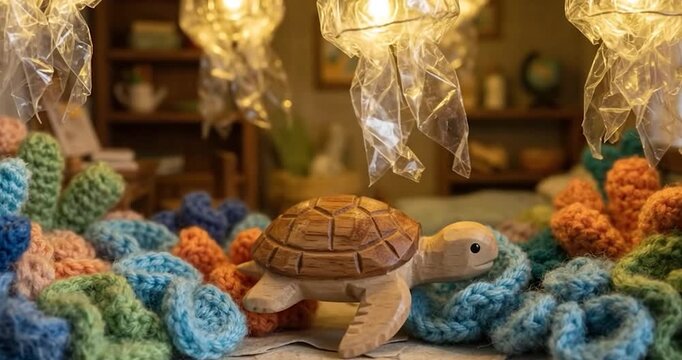 Turtle toy crochet yarn coral handmade miniature sea ocean warm light diorama, toy turtle resting in underwater crochet reef scene with glowing jellyfish lamp, cozy whimsical craft decor in small box