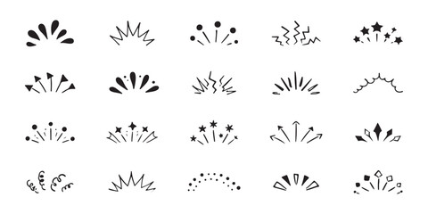 Set of cute line doodle comic design elements. Movement and motion expression, magic and light effect, heart, star shape sketch. Childish handwriting scribbles. Japanese style drawing  © Hike Studio 6