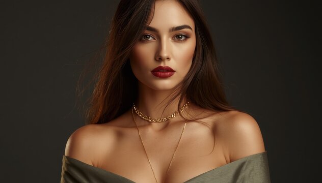 A confident woman with long brown hair and bold makeup poses against a dark background, wearing an off-shoulder olive garment and layered necklaces.
