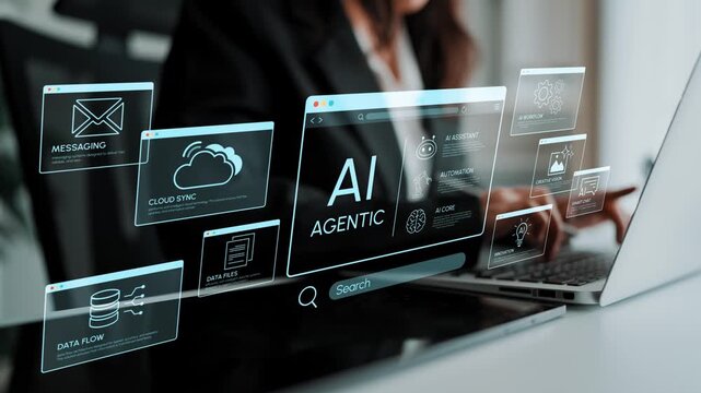 Modern Businesswoman Working with Futuristic Digital Interface on Laptop with AI Technology and Cloud Computing Features in Office Setting. Entropy.