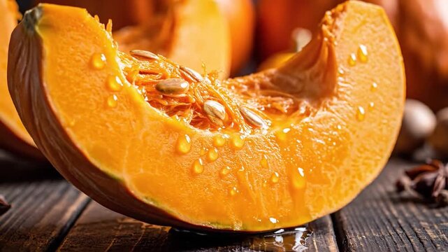 A detailed slice of vibrant orange pumpkin with visible seeds and moisture droplets on a rustic wooden surface, perfect for autumn cooking inspiration.