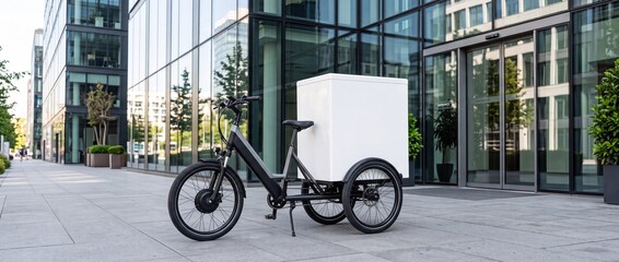 Fototapeta premium Delivery e-bike cargo bicycle stands on city street with modern office building glass facade in background