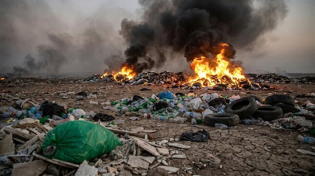 Toxic landfill fire with heavy black smoke burning piles of plastic refuse and discarded tires