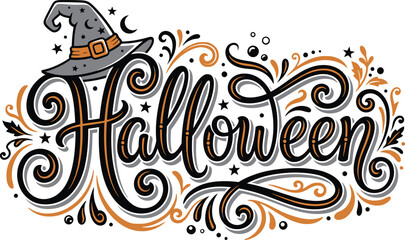 Hand lettered halloween typography with witch hat and spooky decorations © MOSTSHIMA