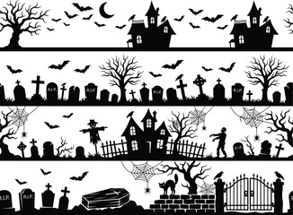 Obraz premium Spooky halloween scene set graveyard haunted house bats and creepy trees