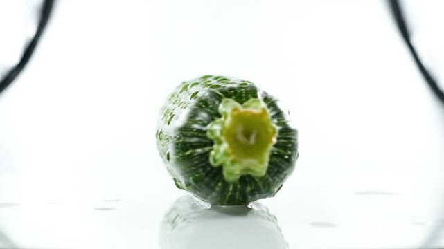 A plump, dewy green zucchini vegetable with water droplets resting on its surface, studio isolated.