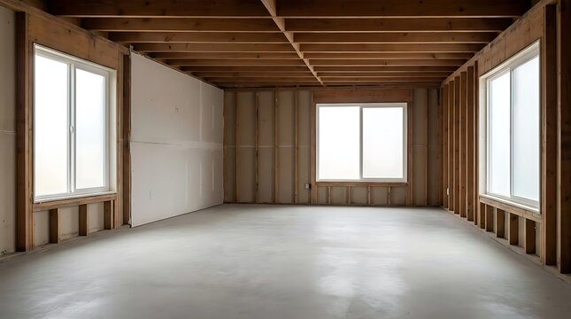 A spacious fixer upper house interior featuring exposed wooden wall studs and ceiling joists with large windows and a clean concrete floor under construction.