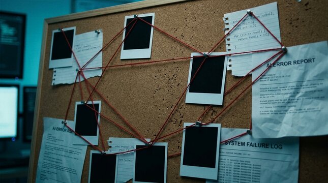Technology investigation board featuring system failure logs AI error reports handwritten code and empty frames linked by red thread