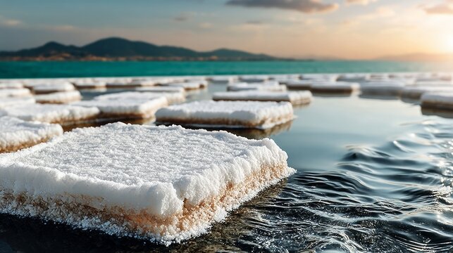 Natural salt crystal formation on shallow water with distant mountain view