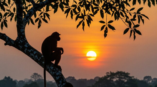 Monkey silhouette rests on tree branch against vibrant sunset sky. Animal sits calmly observing warm sun horizon. Lush foliage frames peaceful jungle scene at dusk.