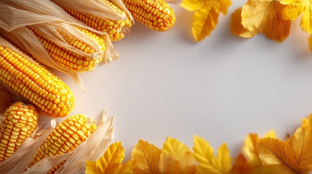 Fresh ripe yellow corn on cob with autumn leaves background space