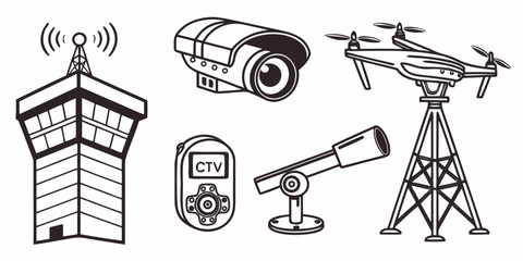 Eight black and white of surveillance and security devices cctv camera dome camera © Abu
