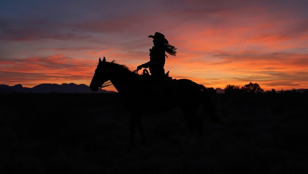 Woman on horseback at sunset on an Arizona ranch. Silhouette.