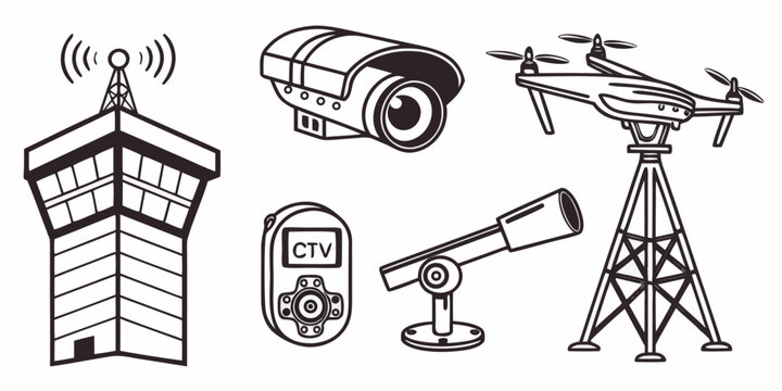 Eight black and white of surveillance and security devices cctv camera dome camera