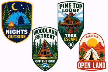 Obraz premium Set of four vibrant outdoor adventure and camping themed graphic badges with nature elements and different lodging options.