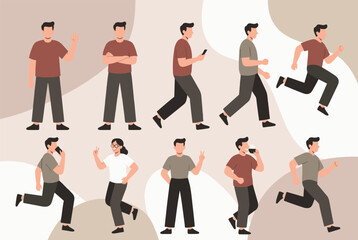 Fototapeta premium Set of male character poses representing daily routines like walking, running, calling, drinking coffee, and standing.