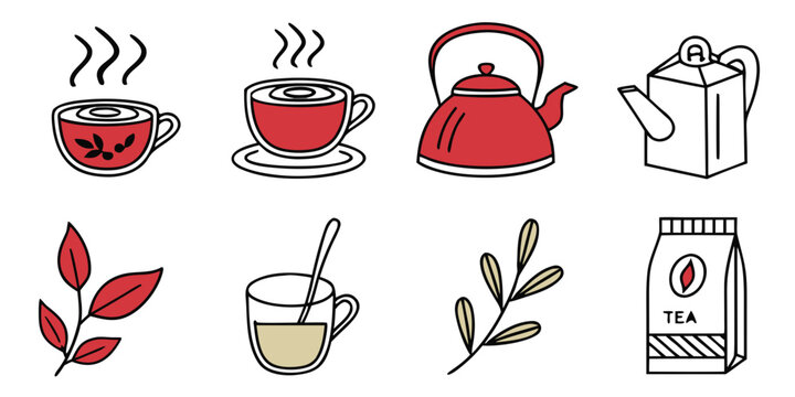 Set of eight tea cup, teapot, kettle, leaves, teabag, and tea box steam tea leaves