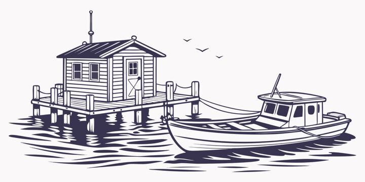 Small fishing dock on calm water with boat and house, flat wooden dock small boat