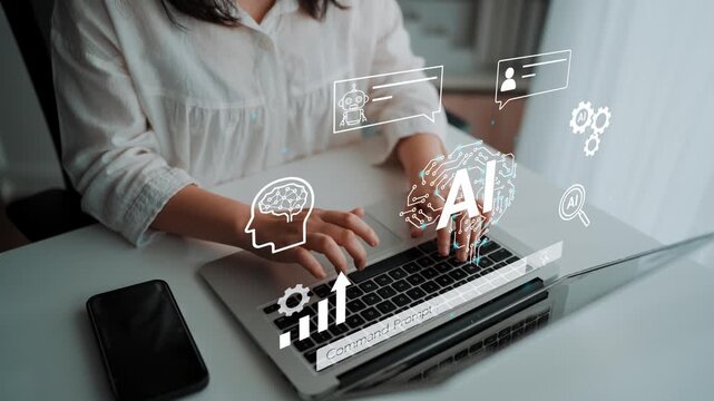Woman Using Laptop with Artificial Intelligence Graphics Displayed, Representing Technology and Digital Communication Concepts. Entropy.