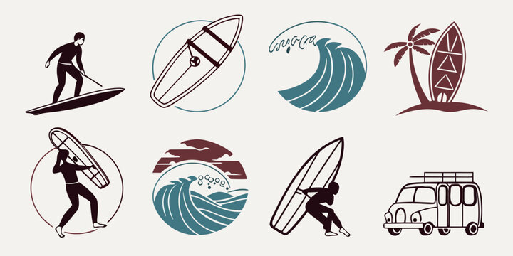Surfing lifestyle surfer riding waves, surfboards, palm tree, beach van, set