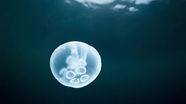 Moon jellyfish drifting water surface