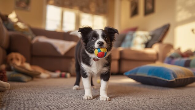 Indoor playtime with a playful border collie puppy holding a toy ball, eager to interact with its owner. Friendship and companionship with pets.