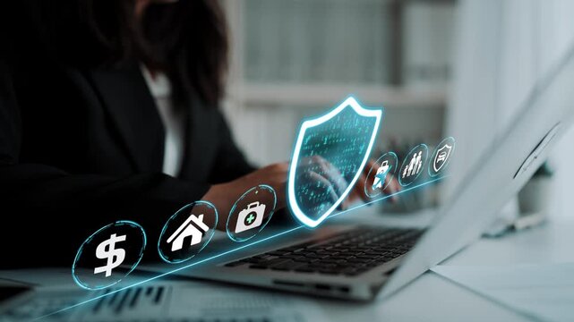 Digital Security Concept with Businessperson Using Laptop to Manage Financial and Personal Data Protection with Futuristic Icons and Safe Shield. Entropy.