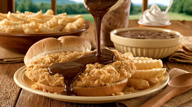 Rich chocolate sauce pouring over crispy fried chicken on bun with chocolate indulgence culinary