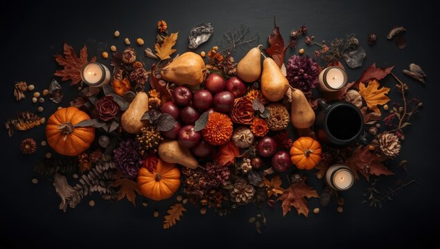 Mabon altar featuring seasonal fruits, pumpkins, flowers, and leaves on a dark backdrop, celebrating the autumn equinox and harvest in witchcraft. Aerial perspective.