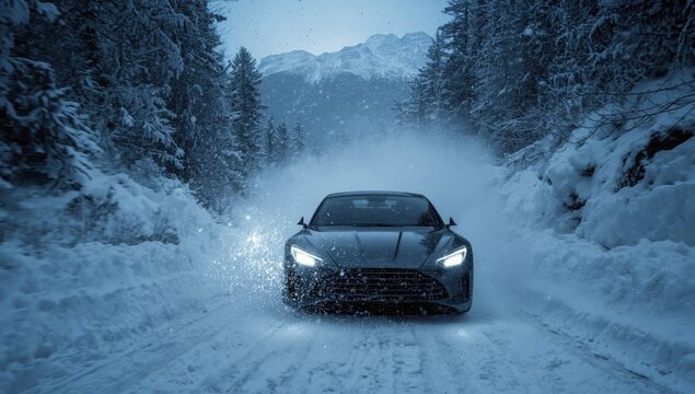 Vehicle navigating a snowy mountain road in Igneada, with headlights lit amid snow-laden trees and foggy winter views.
