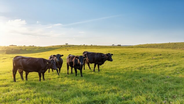 Sustainable cows on a green Australian hill, picturesque farm landscape with Angus cattle.