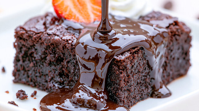 Delicious chocolate brownie topped with strawberry and flowing sauce chocolate strawberry