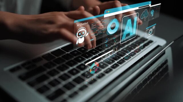 Hands Typing on Laptop with Futuristic Interface Elements Representing Artificial Intelligence, Chatbots, and Data Analytics in a Modern Workspace Sigmoid