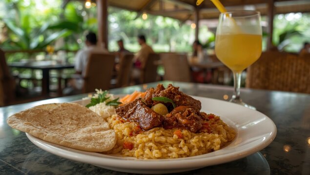 Renowned South Indian dishes Kappa biryani and Pathiri are spicy meals featuring organic cassava, grated coconut, beef, and palm wine from Kerala, India.