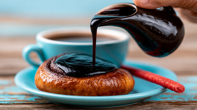 Pouring dark chocolate syrup onto fresh pastry bun with chocolate breakfast delicious handmade
