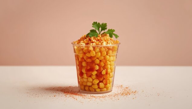 Cup of corn, Esquite, Mexican street snack, spicy, with chamoy and chili, trolelote, simple backdrop, no figures.