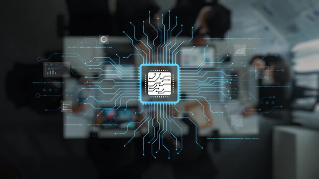 This abstract image features a microchip at the center, surrounded by digital data flow and technology elements, ideal for business, innovation, and technology themes. Raster